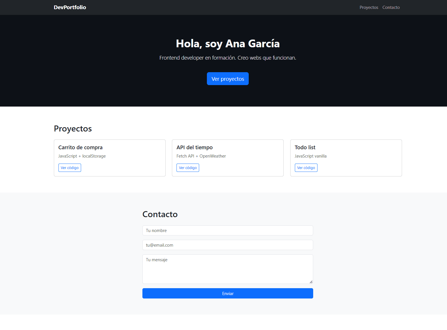 Resultado final de la landing page con Bootstrap 5: navbar oscura, hero con texto centrado, grid de proyectos y formulario de contacto