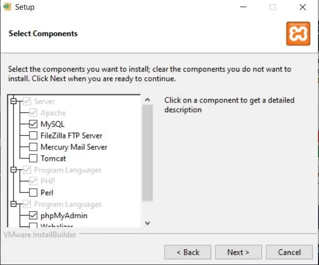Pantalla de selección de componentes de XAMPP con Apache, MySQL, PHP y phpMyAdmin marcados