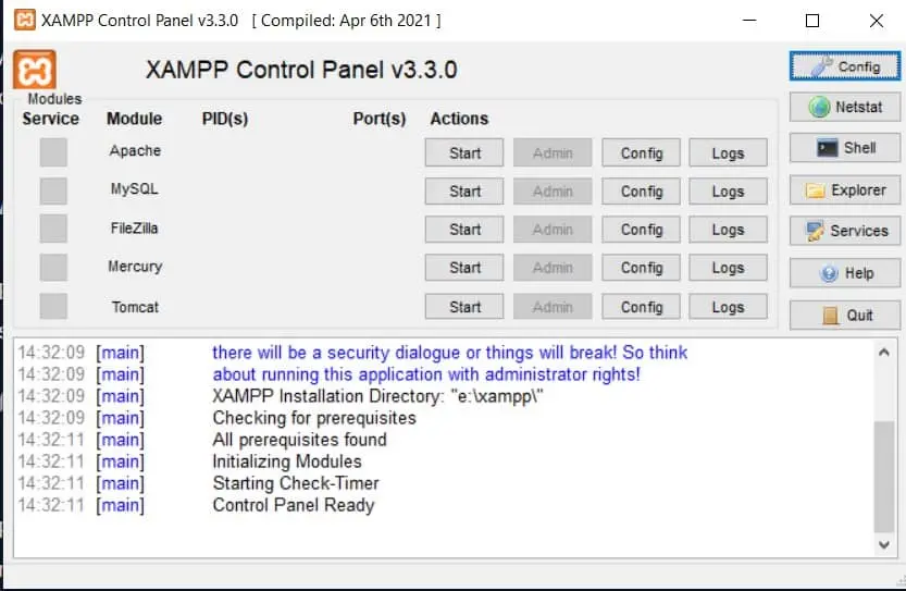 Panel de control de XAMPP con los botones Start de Apache y MySQL sin pulsar