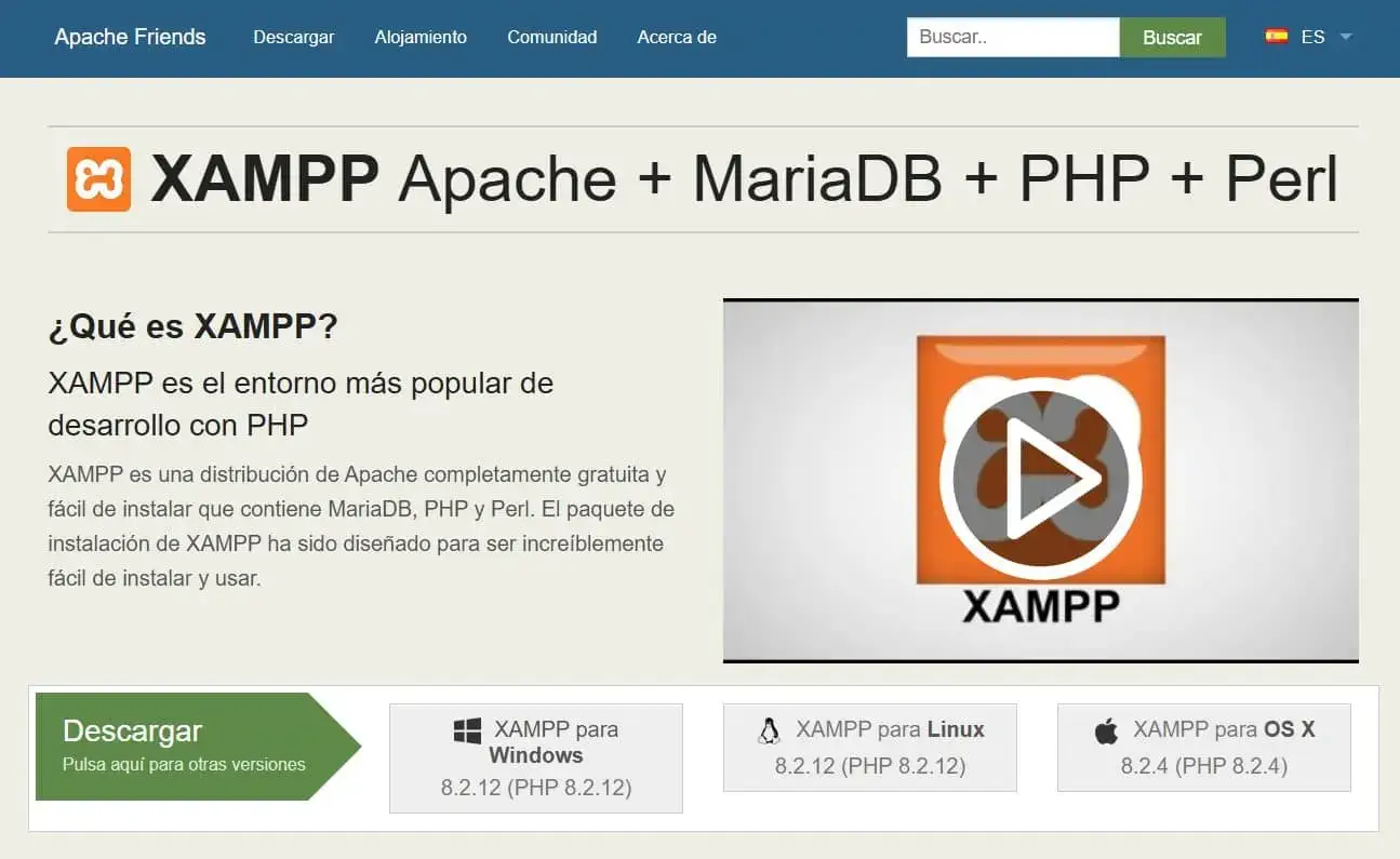 Página de descarga de apachefriends.org con el botón de descarga para Windows resaltado