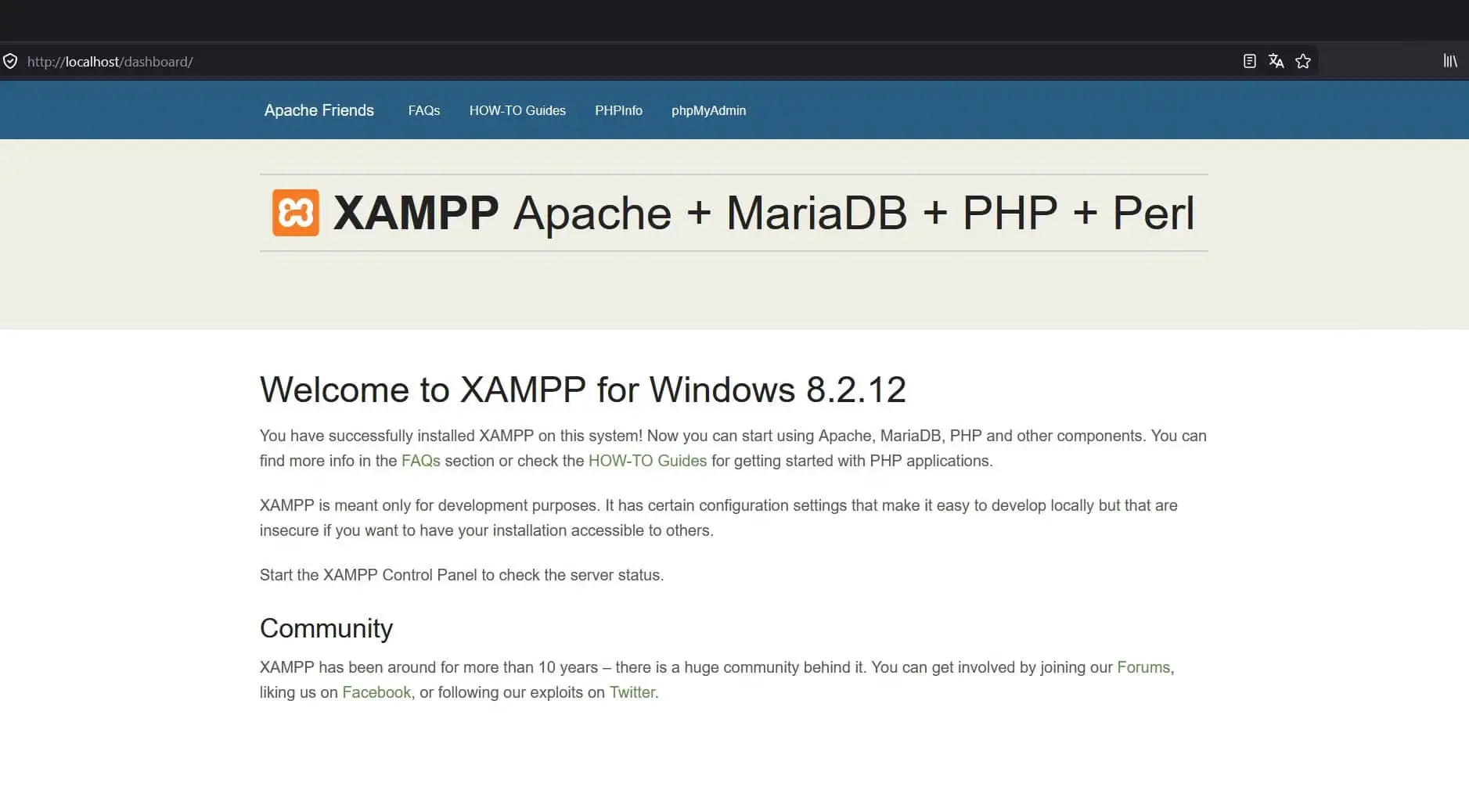 Página de bienvenida de XAMPP en el navegador en localhost