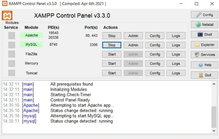 Panel de control de XAMPP con Apache y MySQL en verde mostrando los puertos 80, 443 y 3306